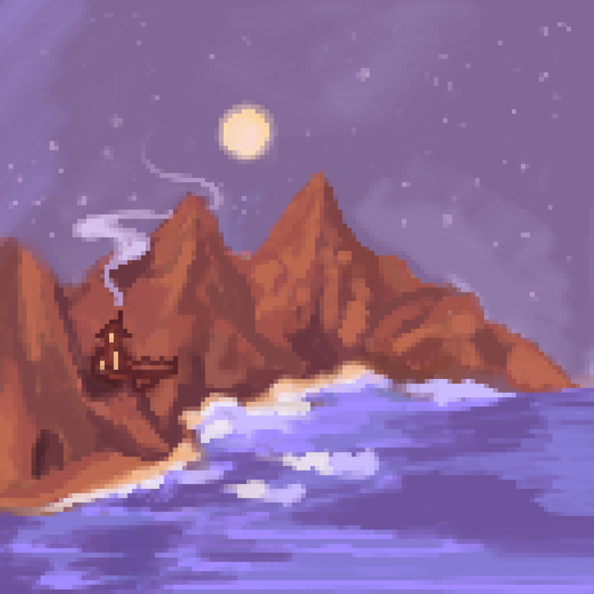 a pixel art image of an ocean-side mountain with a little house on the cliff